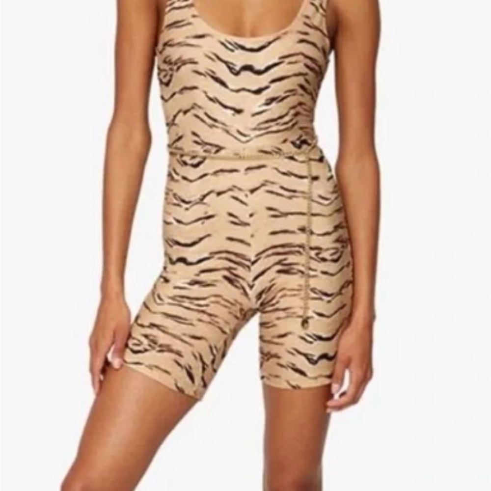 WeWoreWhat tiger‑print scoop‑neck bodysuit w/ chain belt